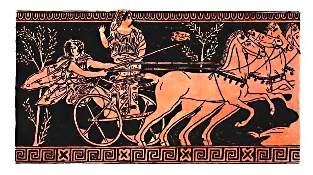 А тут четвёрка быстроногих коней мчит лёгкую колесницу. В ней две фигуры - мужчина и женщина. Герой древнего сказания Пелопс увозит из родительского дома свою красавицу невесту