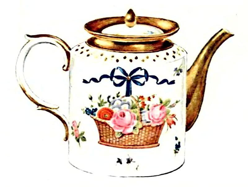 Например, этим белым чайником с позолоченным носиком. По его бокам изображены корзины с яркими цветами