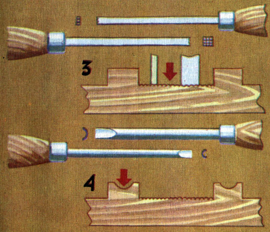 Последовательность выполнения резьбы различными инструментами: 3 - наколка фона, 4 - нанесете желобчатых врезок