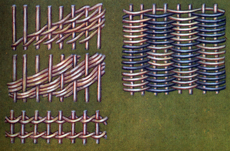 Плетения наклонными рядами (в один и три прута), 'веревочкой', 'в шахматку'